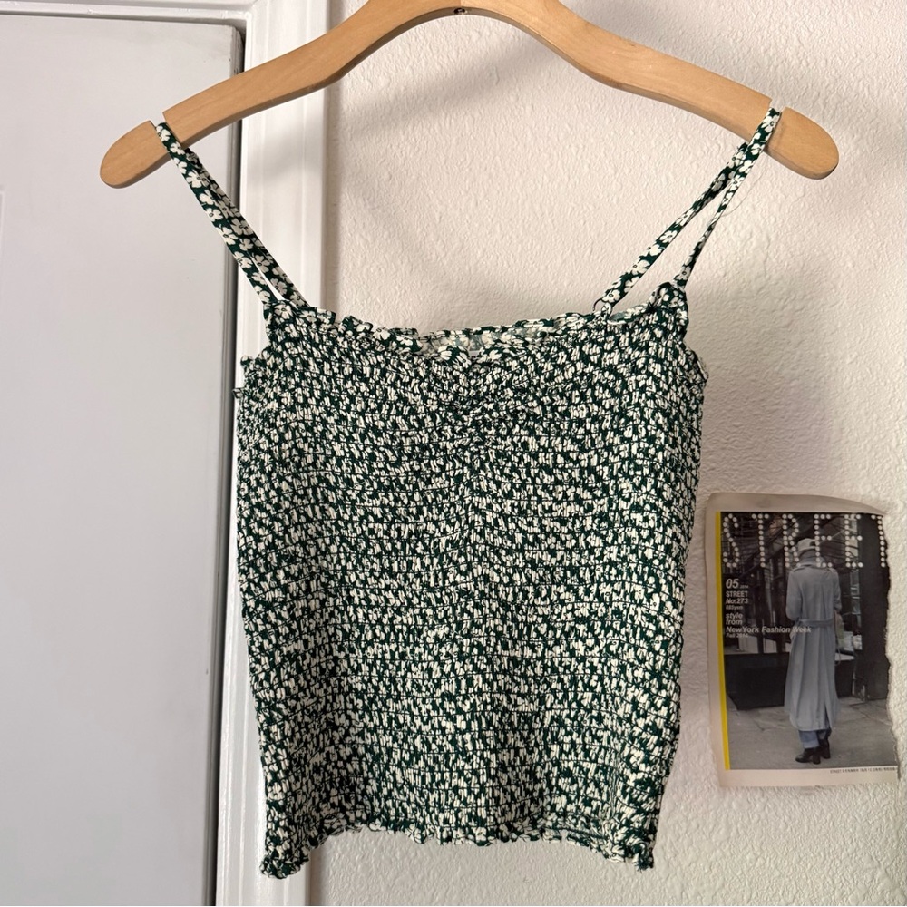REFORMATION emerald white daisy floral smocked cropped tank top